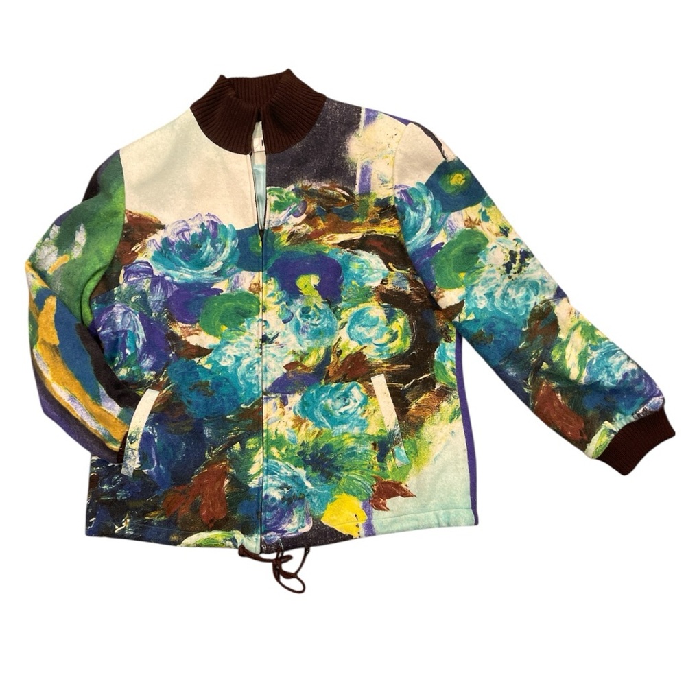 LILLY XL multicoloured Monet like abstract brown trim wool blend zip up coat